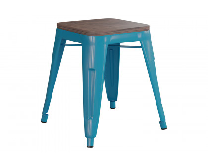 BLNK Kai Commercial Metal Backless Stackable Table Height Dining Stool with Wooden Seat Set of 4 - Teal