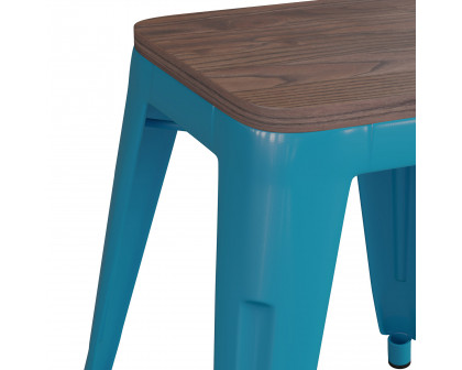 BLNK Kai Commercial Metal Backless Stackable Table Height Dining Stool with Wooden Seat Set of 4 - Teal