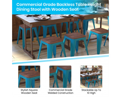 BLNK Kai Commercial Metal Backless Stackable Table Height Dining Stool with Wooden Seat Set of 4 - Teal