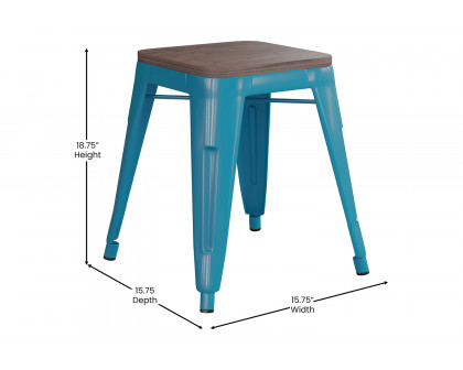 BLNK Kai Commercial Metal Backless Stackable Table Height Dining Stool with Wooden Seat Set of 4 - Teal