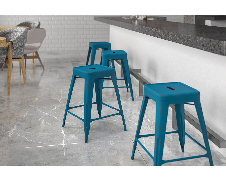 BLNK Kai Commercial Metal Backless Distressed Indoor-Outdoor Counter Height Stool - Antique Blue