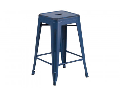 BLNK Kai Commercial Metal Backless Distressed Indoor-Outdoor Counter Height Stool - Antique Blue