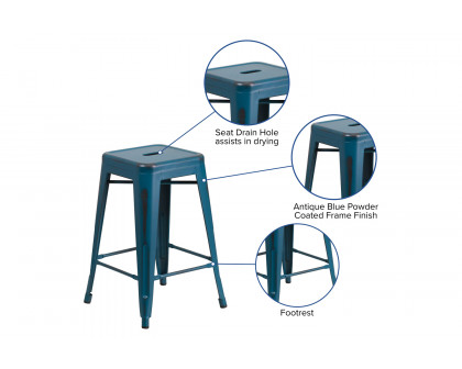 BLNK Kai Commercial Metal Backless Distressed Indoor-Outdoor Counter Height Stool - Antique Blue