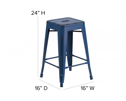 BLNK Kai Commercial Metal Backless Distressed Indoor-Outdoor Counter Height Stool - Antique Blue