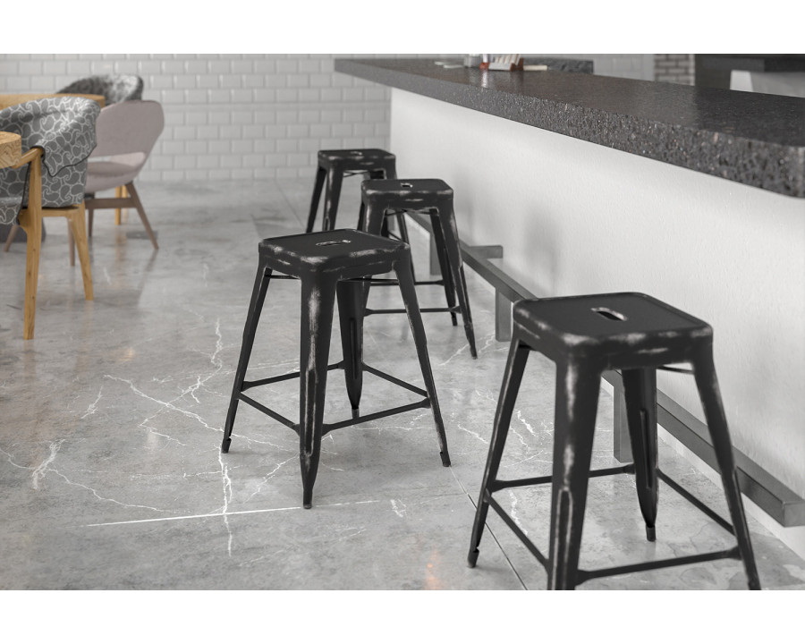 BLNK Kai Commercial Metal Backless Distressed Indoor-Outdoor Counter Height Stool - Black