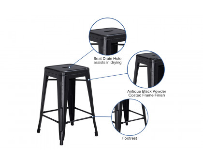 BLNK Kai Commercial Metal Backless Distressed Indoor-Outdoor Counter Height Stool - Black