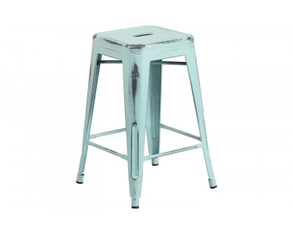 BLNK Kai Commercial Metal Backless Distressed Indoor-Outdoor Counter Height Stool - Green/Blue