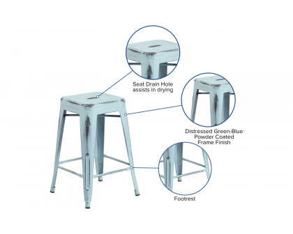 BLNK Kai Commercial Metal Backless Distressed Indoor-Outdoor Counter Height Stool - Green/Blue