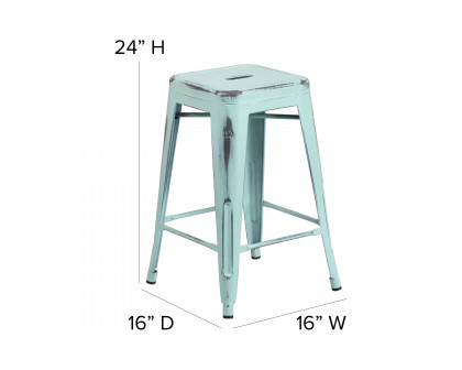 BLNK Kai Commercial Metal Backless Distressed Indoor-Outdoor Counter Height Stool - Green/Blue