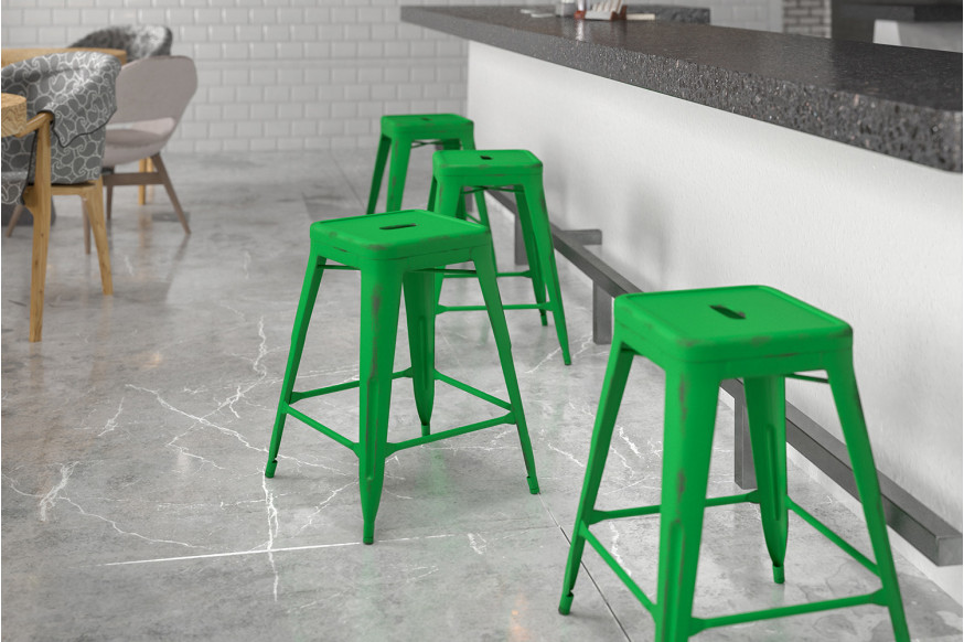 BLNK™ Kai Commercial Metal Backless Distressed Indoor-Outdoor Counter Height Stool - Green