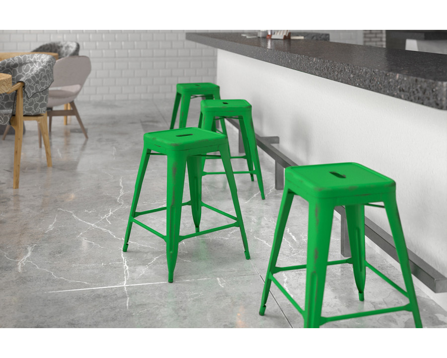 BLNK Kai Commercial Metal Backless Distressed Indoor-Outdoor Counter Height Stool - Green