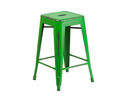 BLNK™ Kai Commercial Metal Backless Distressed Indoor-Outdoor Counter Height Stool - Green