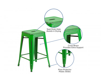 BLNK™ Kai Commercial Metal Backless Distressed Indoor-Outdoor Counter Height Stool - Green