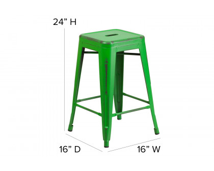 BLNK™ Kai Commercial Metal Backless Distressed Indoor-Outdoor Counter Height Stool - Green