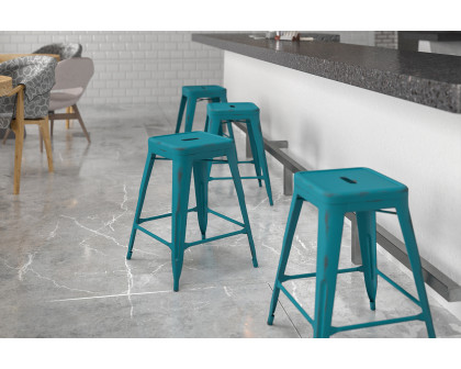 BLNK Kai Commercial Metal Backless Distressed Indoor-Outdoor Counter Height Stool