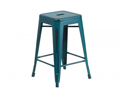 BLNK Kai Commercial Metal Backless Distressed Indoor-Outdoor Counter Height Stool - Kelly Blue/Teal