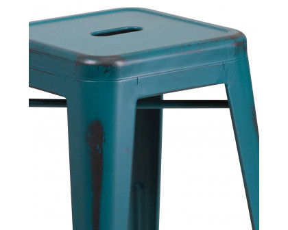 BLNK Kai Commercial Metal Backless Distressed Indoor-Outdoor Counter Height Stool - Kelly Blue/Teal