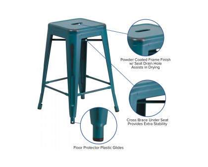 BLNK Kai Commercial Metal Backless Distressed Indoor-Outdoor Counter Height Stool - Kelly Blue/Teal