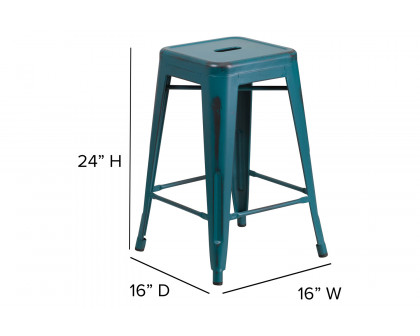 BLNK Kai Commercial Metal Backless Distressed Indoor-Outdoor Counter Height Stool - Kelly Blue/Teal