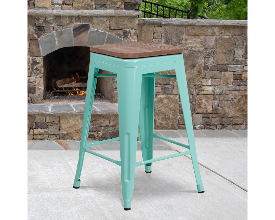 BLNK Sinclair Backless Counter Height Stool with Square Wood Seat - Mint Green