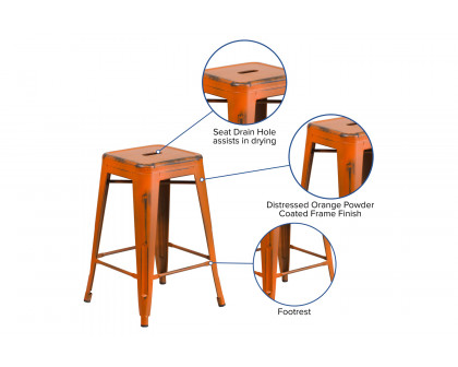 BLNK Kai Commercial Metal Backless Distressed Indoor-Outdoor Counter Height Stool - Orange