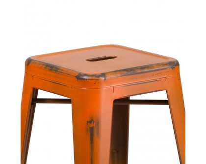 BLNK Kai Commercial Metal Backless Distressed Indoor-Outdoor Counter Height Stool - Orange