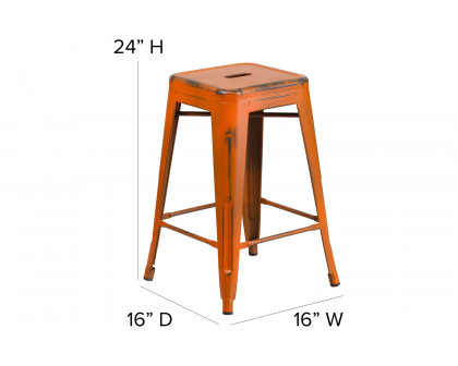 BLNK Kai Commercial Metal Backless Distressed Indoor-Outdoor Counter Height Stool - Orange