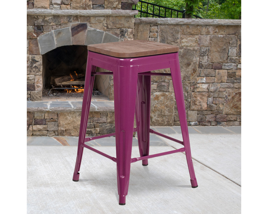 BLNK Sinclair Backless Counter Height Stool with Square Wood Seat - Purple