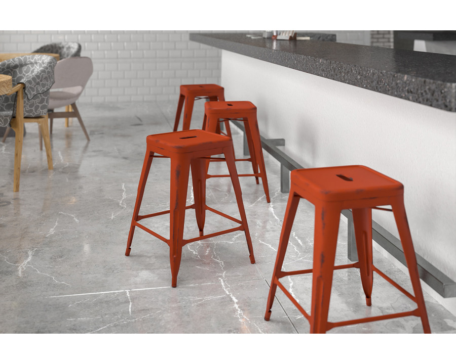 BLNK Kai Commercial Metal Backless Distressed Indoor-Outdoor Counter Height Stool - Kelly Red