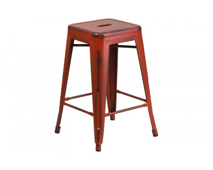 BLNK Kai Commercial Metal Backless Distressed Indoor-Outdoor Counter Height Stool - Kelly Red