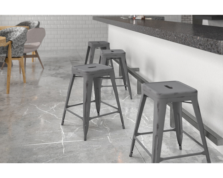 BLNK Kai Commercial Metal Backless Distressed Indoor-Outdoor Counter Height Stool - Silver Gray