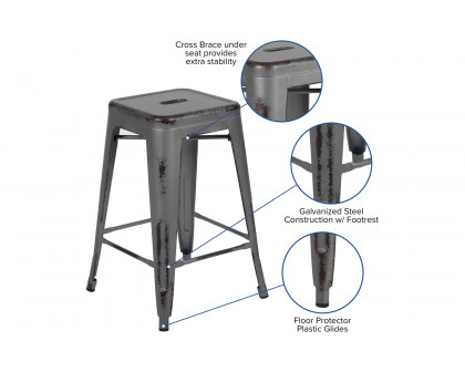 BLNK Kai Commercial Metal Backless Distressed Indoor-Outdoor Counter Height Stool - Silver Gray