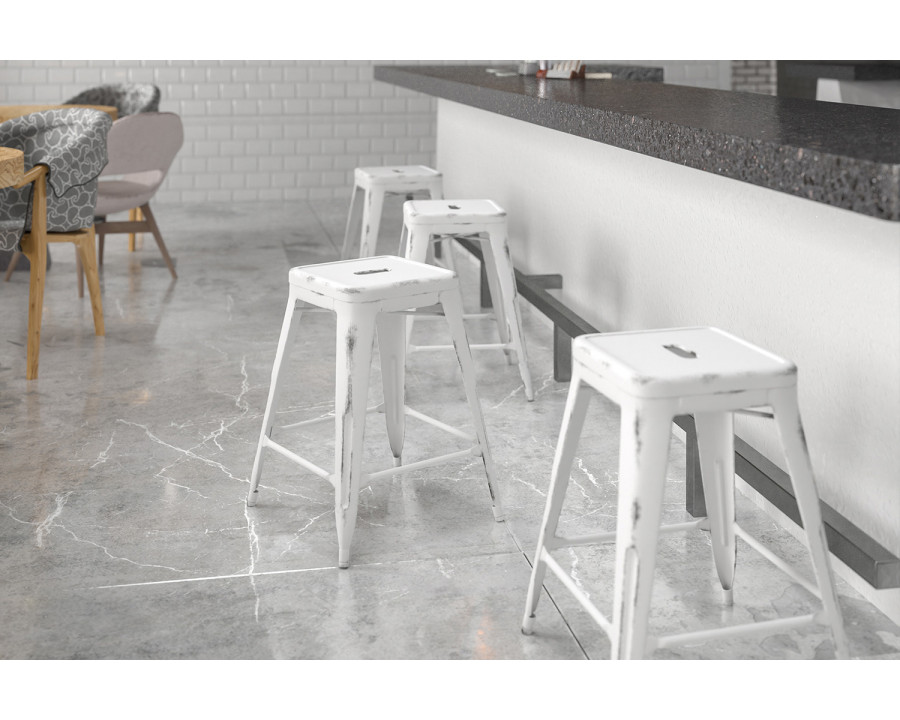 BLNK Kai Commercial Metal Backless Distressed Indoor-Outdoor Counter Height Stool - White