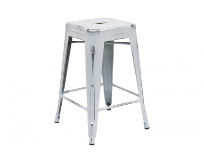 BLNK Kai Commercial Metal Backless Distressed Indoor-Outdoor Counter Height Stool - White