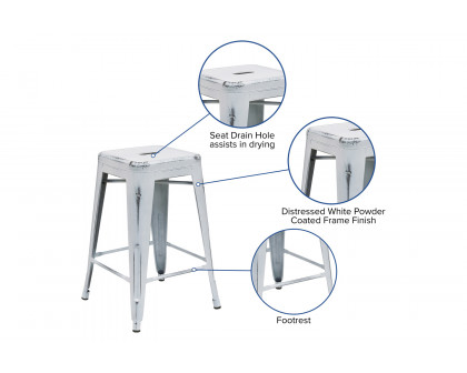 BLNK Kai Commercial Metal Backless Distressed Indoor-Outdoor Counter Height Stool - White