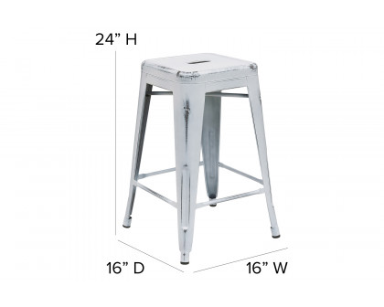 BLNK Kai Commercial Metal Backless Distressed Indoor-Outdoor Counter Height Stool - White