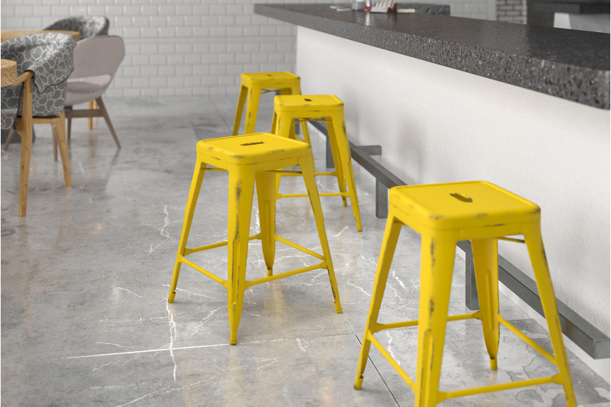 BLNK™ Kai Commercial Metal Backless Distressed Indoor-Outdoor Counter Height Stool - Yellow