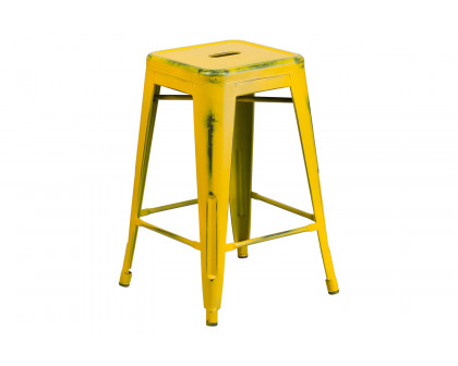 BLNK™ Kai Commercial Metal Backless Distressed Indoor-Outdoor Counter Height Stool - Yellow