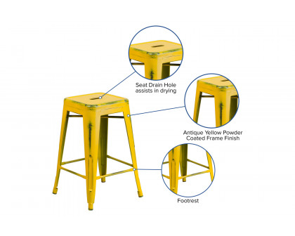 BLNK™ Kai Commercial Metal Backless Distressed Indoor-Outdoor Counter Height Stool - Yellow