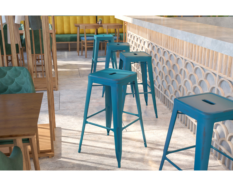 BLNK Kai Commercial Metal Backless Distressed Indoor-Outdoor Bar Stool - Antique Blue