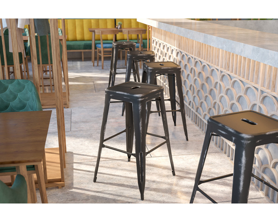 BLNK Kai Commercial Metal Backless Distressed Indoor-Outdoor Bar Stool - Black