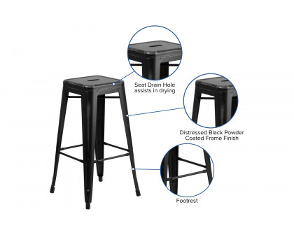 BLNK Kai Commercial Metal Backless Distressed Indoor-Outdoor Bar Stool - Black