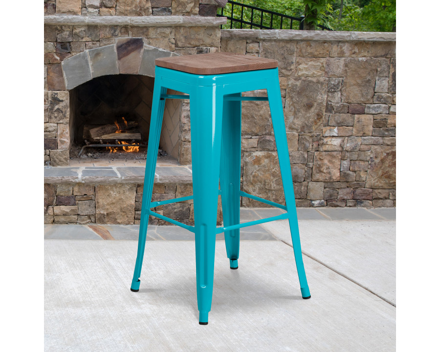 BLNK Murray Backless Bar Stool with Square Wood Seat - Crystal Teal/Blue