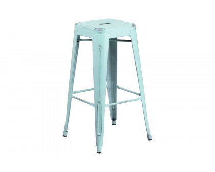 BLNK Kai Commercial Metal Backless Distressed Indoor-Outdoor Bar Stool - Green/Blue