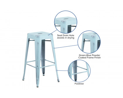 BLNK Kai Commercial Metal Backless Distressed Indoor-Outdoor Bar Stool - Green/Blue