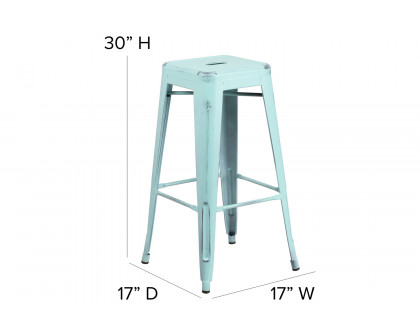 BLNK Kai Commercial Metal Backless Distressed Indoor-Outdoor Bar Stool - Green/Blue