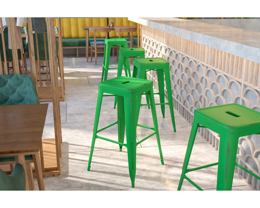 BLNK Kai Commercial Metal Backless Distressed Indoor-Outdoor Bar Stool - Green