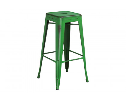 BLNK Kai Commercial Metal Backless Distressed Indoor-Outdoor Bar Stool - Green