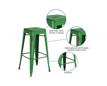 BLNK Kai Commercial Metal Backless Distressed Indoor-Outdoor Bar Stool - Green