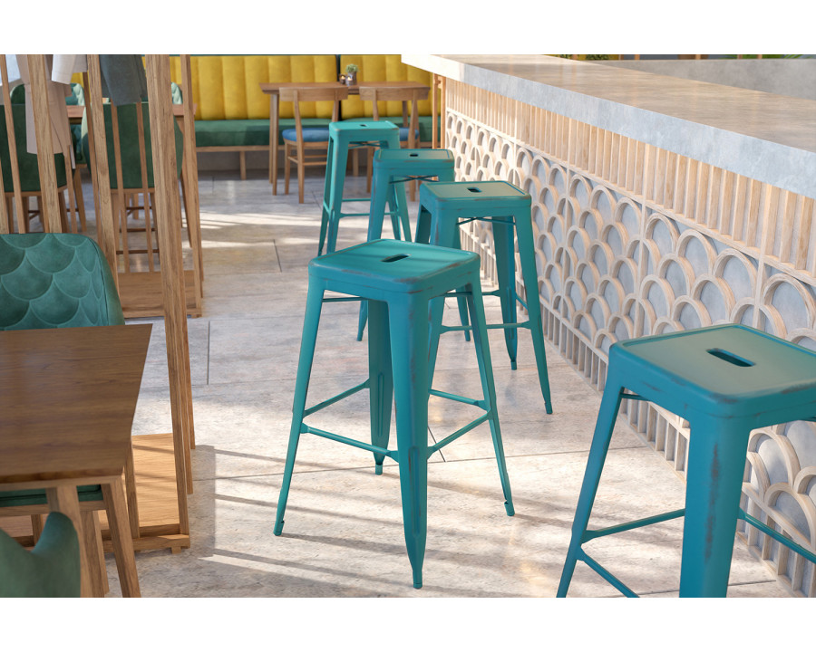 BLNK Kai Commercial Metal Backless Distressed Indoor-Outdoor Bar Stool - Kelly Blue/Teal